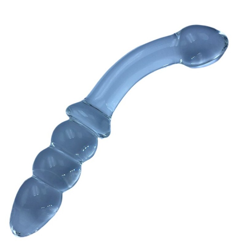 Sona glass massage wand in clear glass, showing the smooth curved tip and beaded ribbed shaft